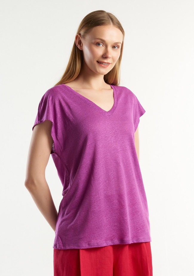  Kadın Mor %100 Keten Rahat Kalıp Derin V Yaka Kolsuz T-Shirt
