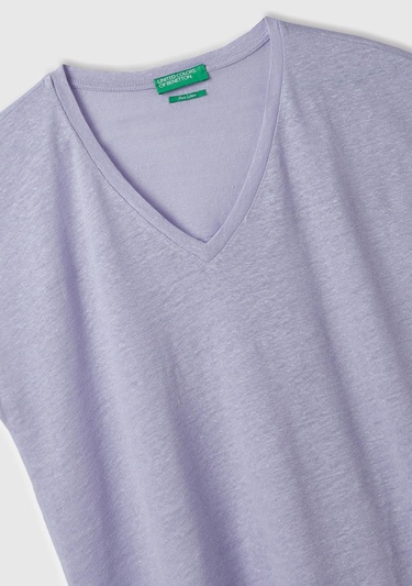  Kadın Lila %100 Keten Rahat Kalıp Derin V Yaka Kolsuz T-Shirt