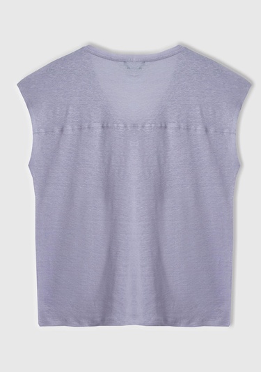  Kadın Lila %100 Keten Rahat Kalıp Derin V Yaka Kolsuz T-Shirt