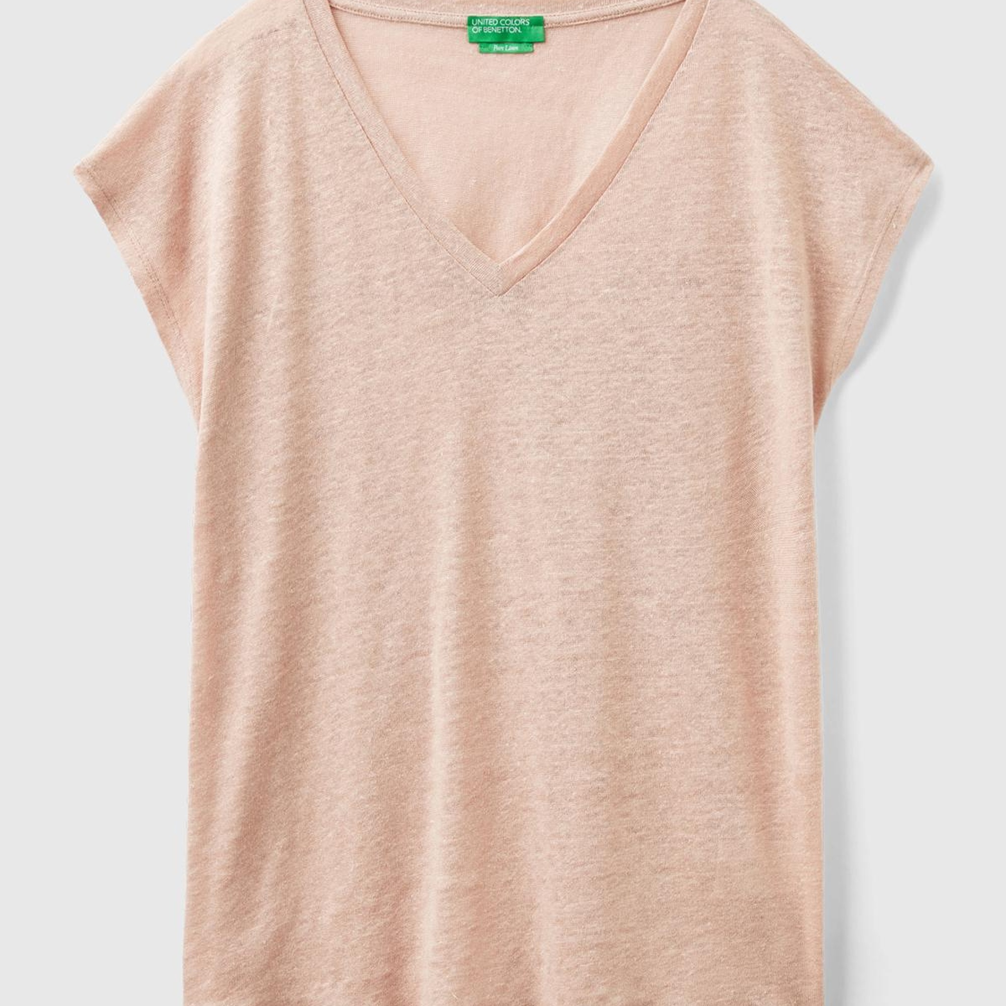 Kadın Pudra %100 Keten Rahat Kalıp Derin V Yaka Kolsuz T-Shirt