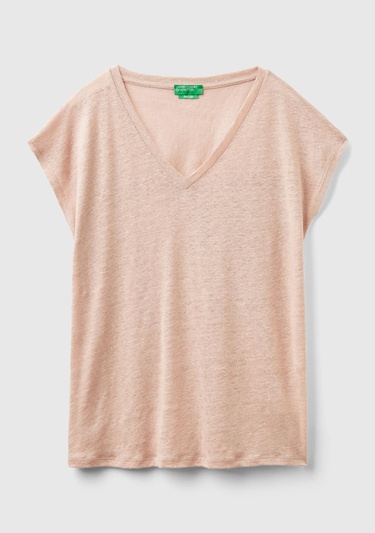  Kadın Pudra %100 Keten Rahat Kalıp Derin V Yaka Kolsuz T-Shirt