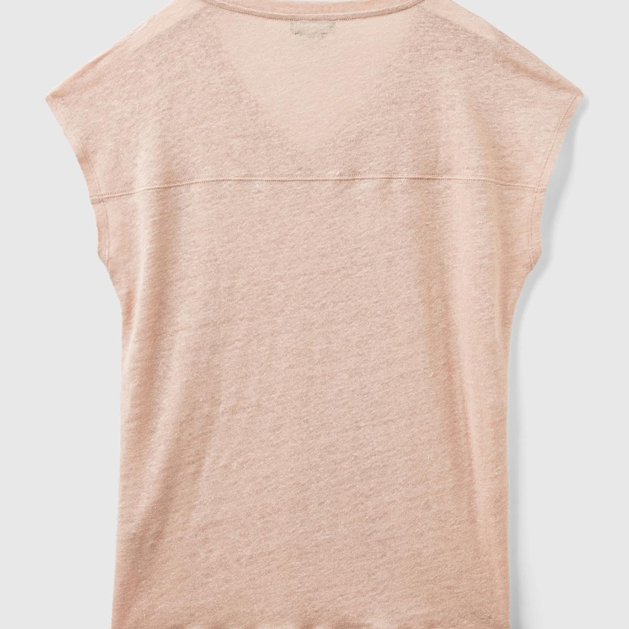 Kadın Pudra %100 Keten Rahat Kalıp Derin V Yaka Kolsuz T-Shirt