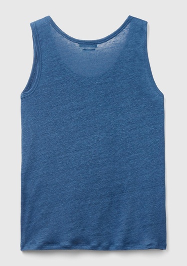  Kadın Gece Mavisi %100 Keten Rahat Kalıp Kalın Askılı Atlet