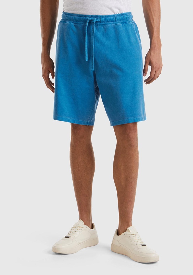  Erkek Koyu Mavi %100 Organik Pamuk Yama Cepli Beli Büzgülü Bermuda Şort