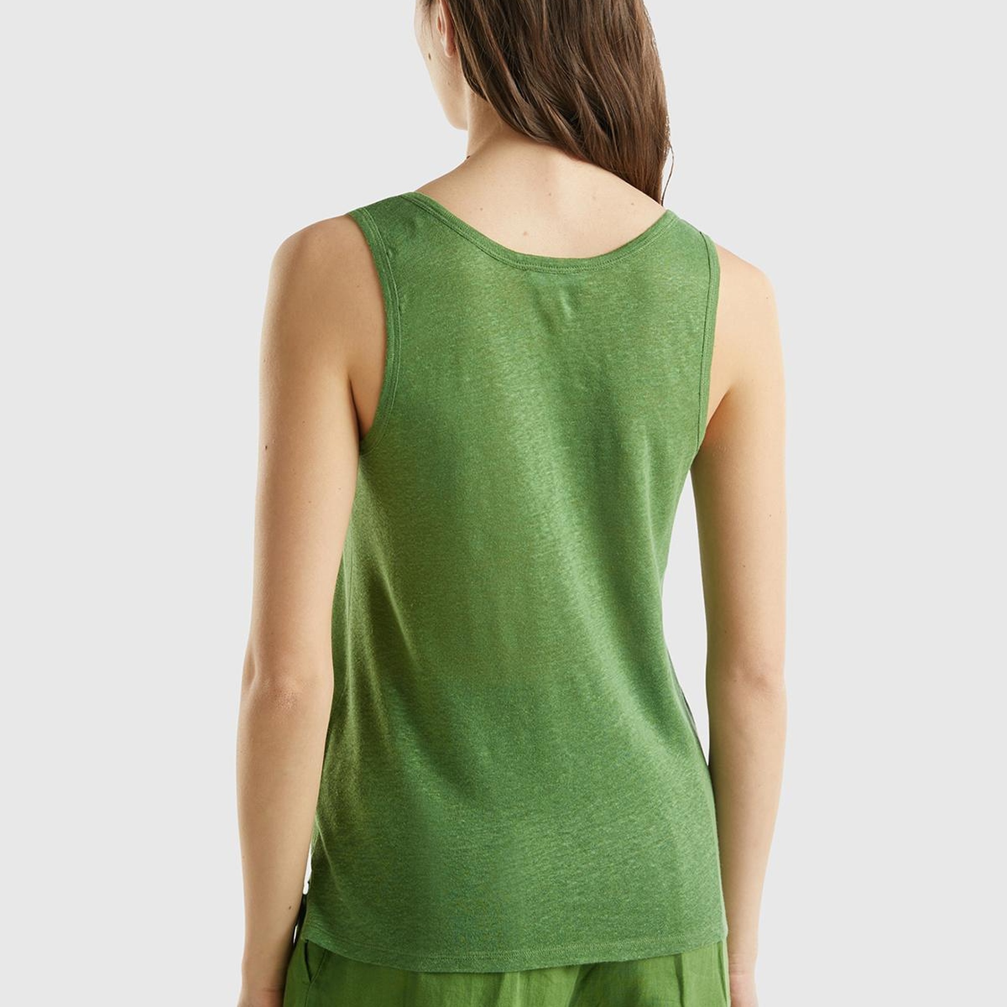 Kadın Soluk Yeşil %100 Keten Rahat Kalıp Kalın Askılı Atlet