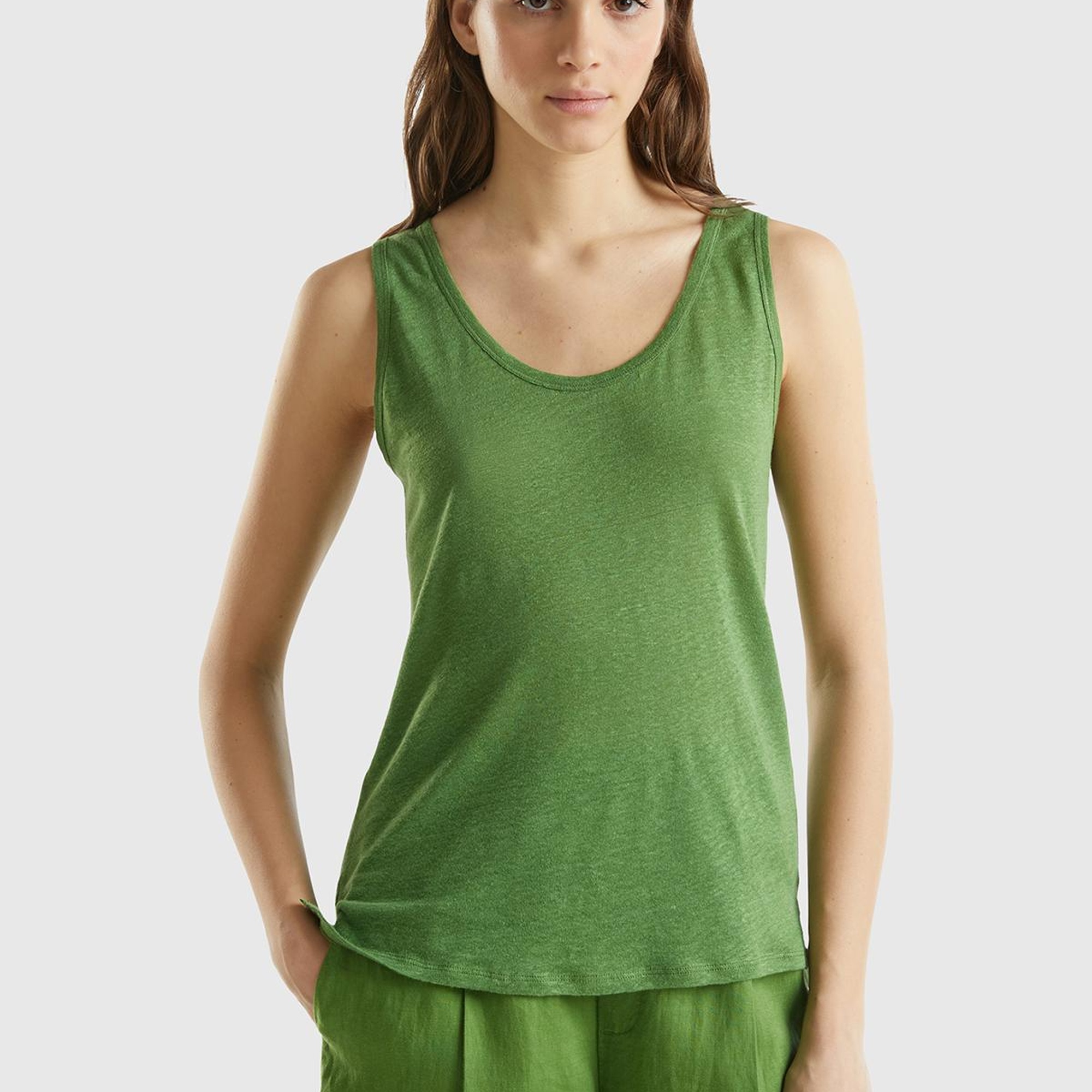 Kadın Soluk Yeşil %100 Keten Rahat Kalıp Kalın Askılı Atlet