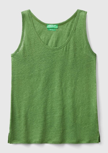  Kadın Soluk Yeşil %100 Keten Rahat Kalıp Kalın Askılı Atlet