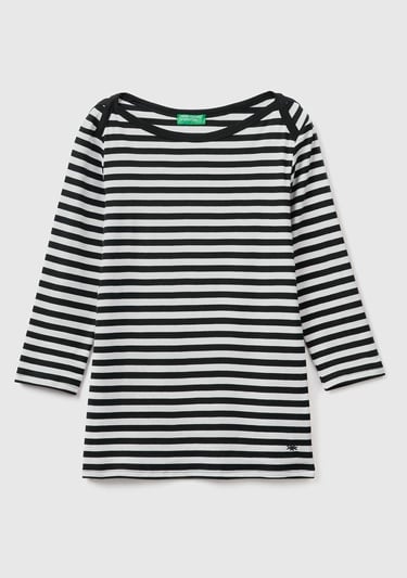  Kadın Siyah Truvakar Kol Çizgili T-shirt