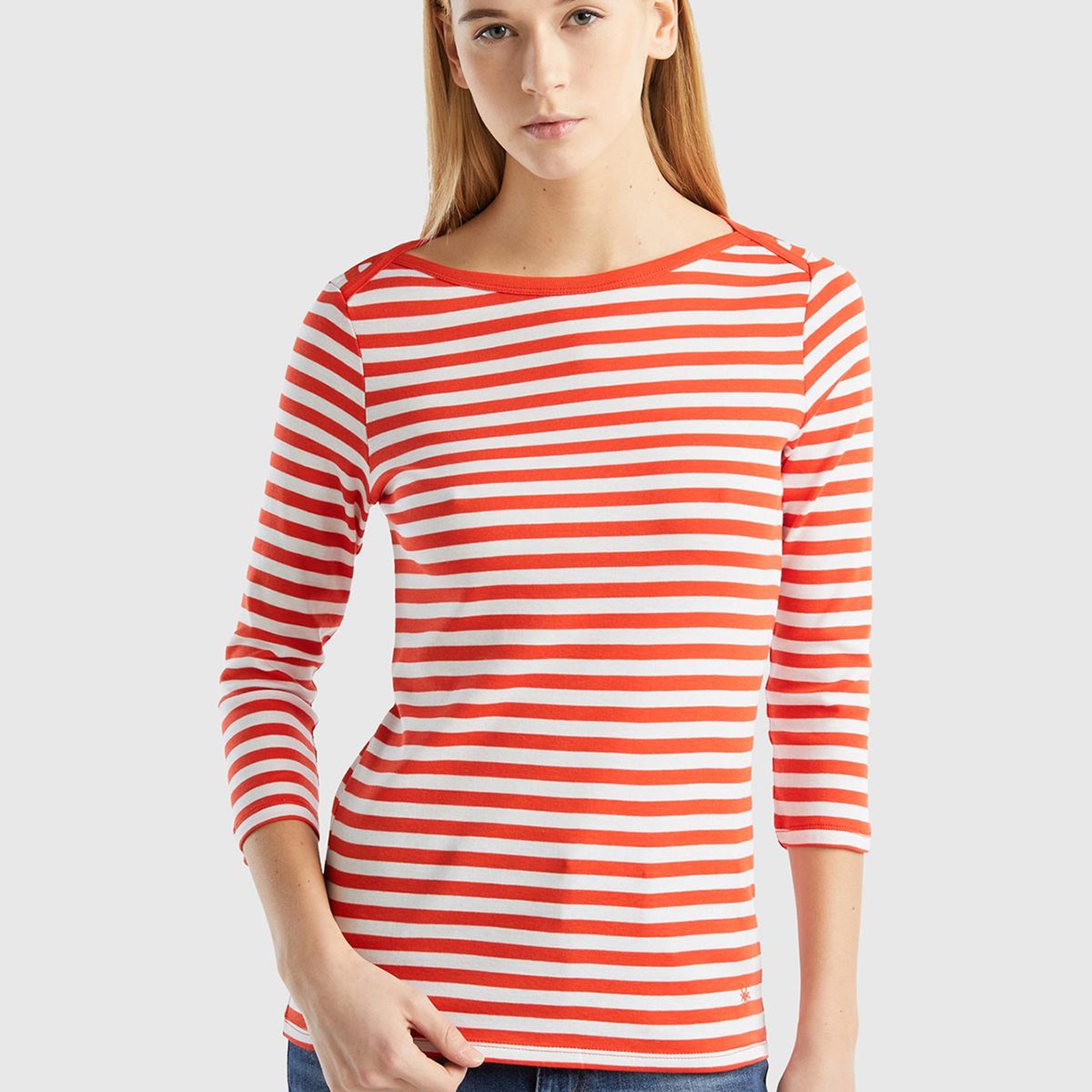 Kadın Kırmızı Truvakar Kol Çizgili T-shirt