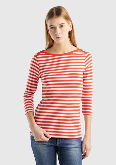  Kadın Kırmızı Truvakar Kol Çizgili T-shirt