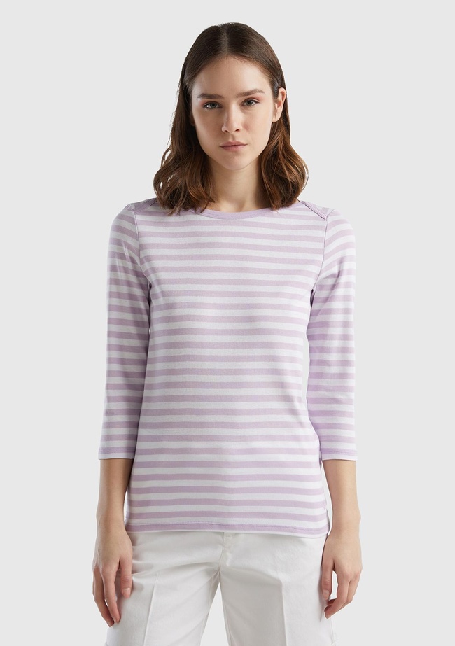  Kadın Lila Truvakar Kol Çizgili T-shirt