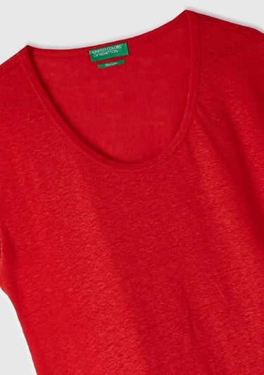  Kadın Kırmızı %100 Keten Rahat Kalıp Geniş Bisiklet Yaka Kolsuz T-Shirt