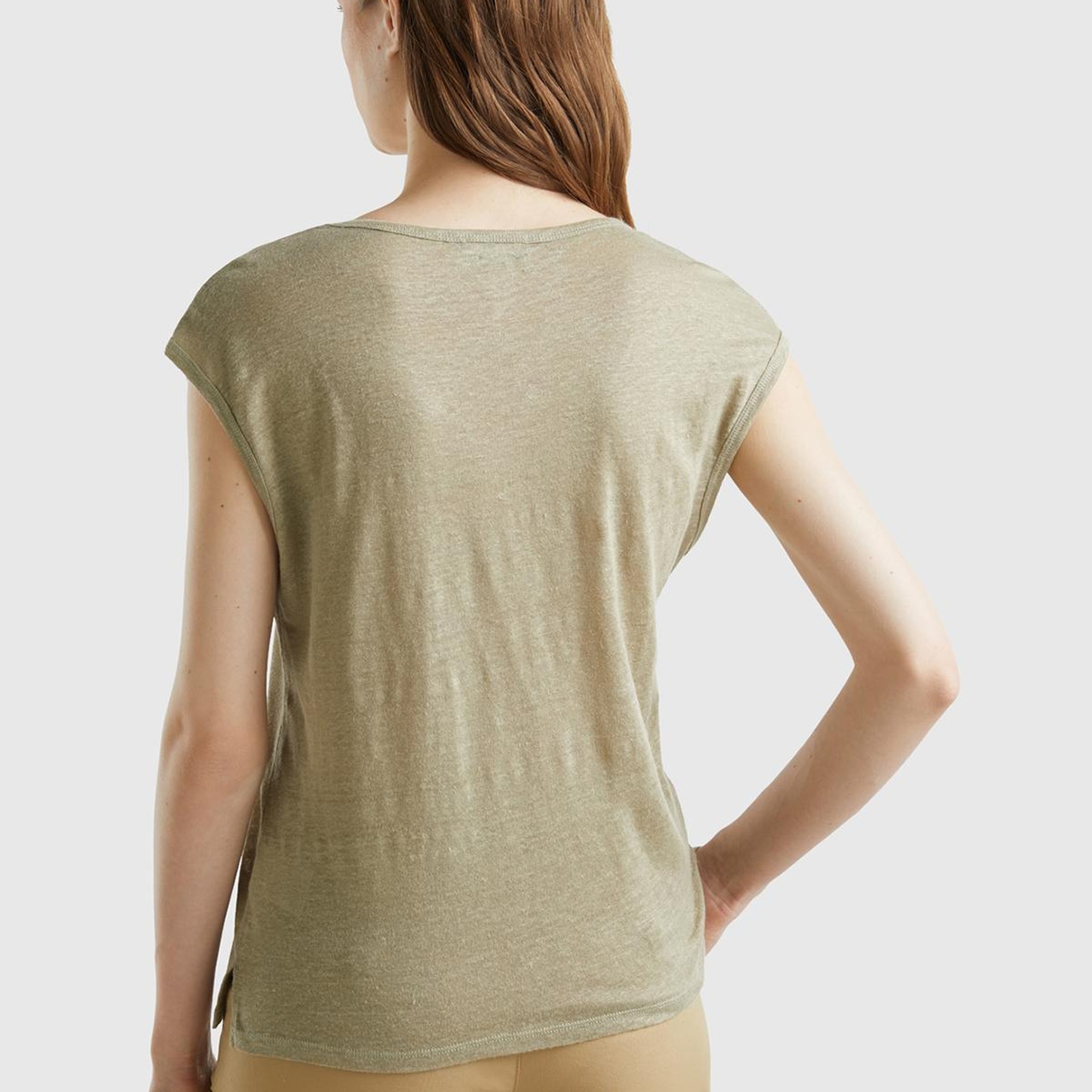 Kadın Haki %100 Keten Rahat Kalıp Geniş Bisiklet Yaka Kolsuz T-Shirt