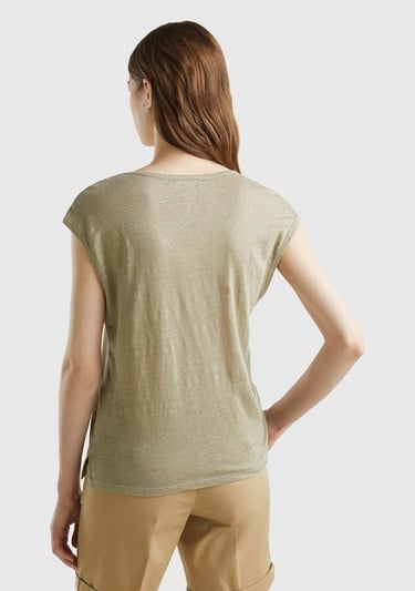  Kadın Haki %100 Keten Rahat Kalıp Geniş Bisiklet Yaka Kolsuz T-Shirt