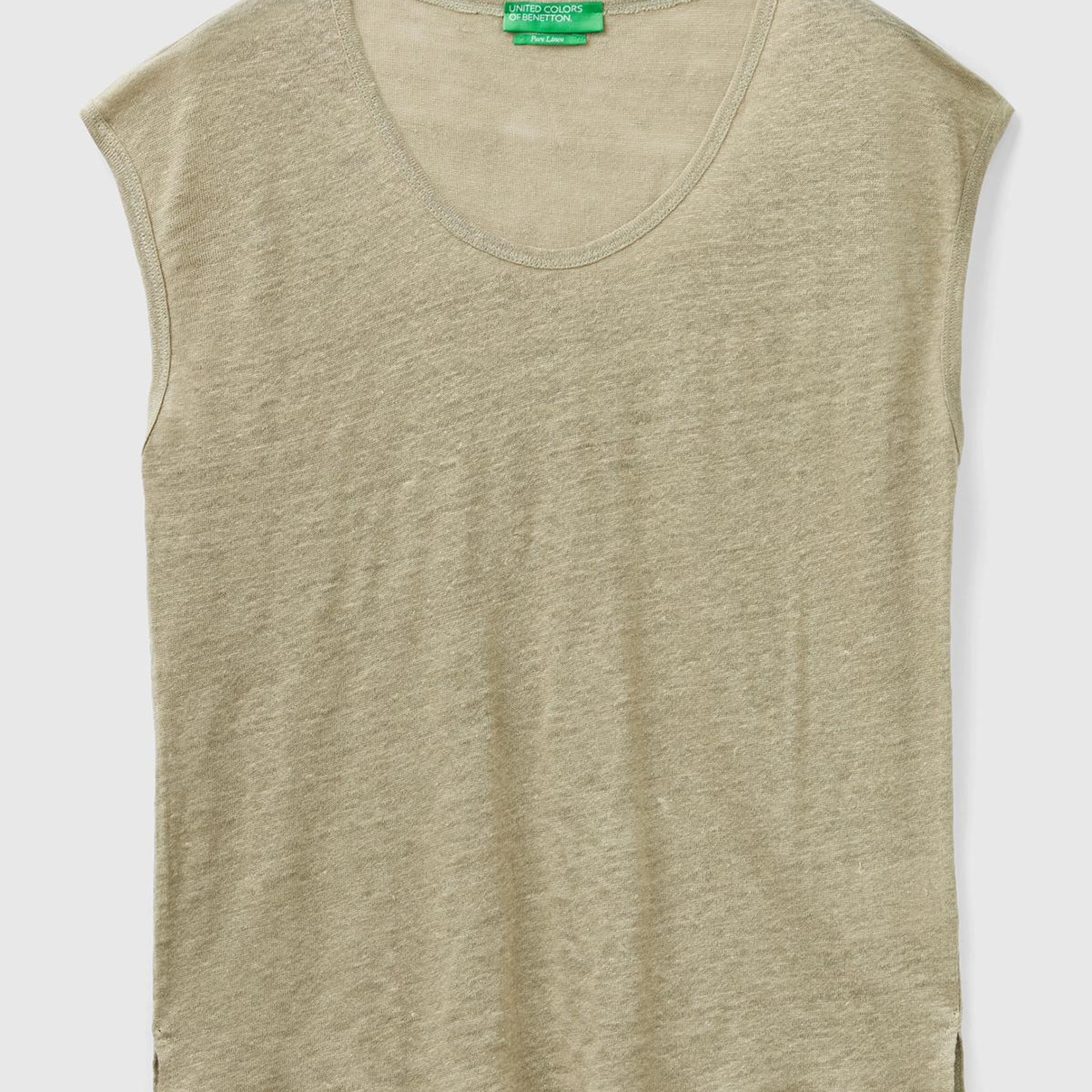 Kadın Haki %100 Keten Rahat Kalıp Geniş Bisiklet Yaka Kolsuz T-Shirt