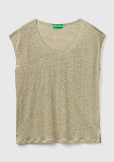  Kadın Haki %100 Keten Rahat Kalıp Geniş Bisiklet Yaka Kolsuz T-Shirt