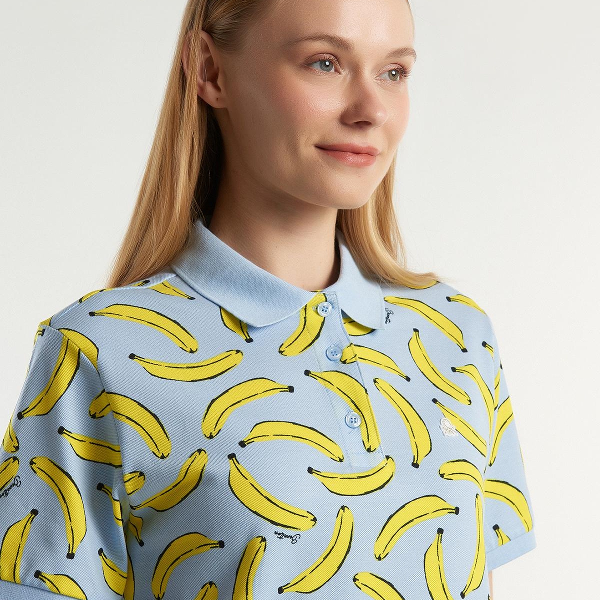 Kadın Mavi Mix Streç Pamuklu Göğsü Logo İşlemeli Tamamı Desenli Polo T-Shirt