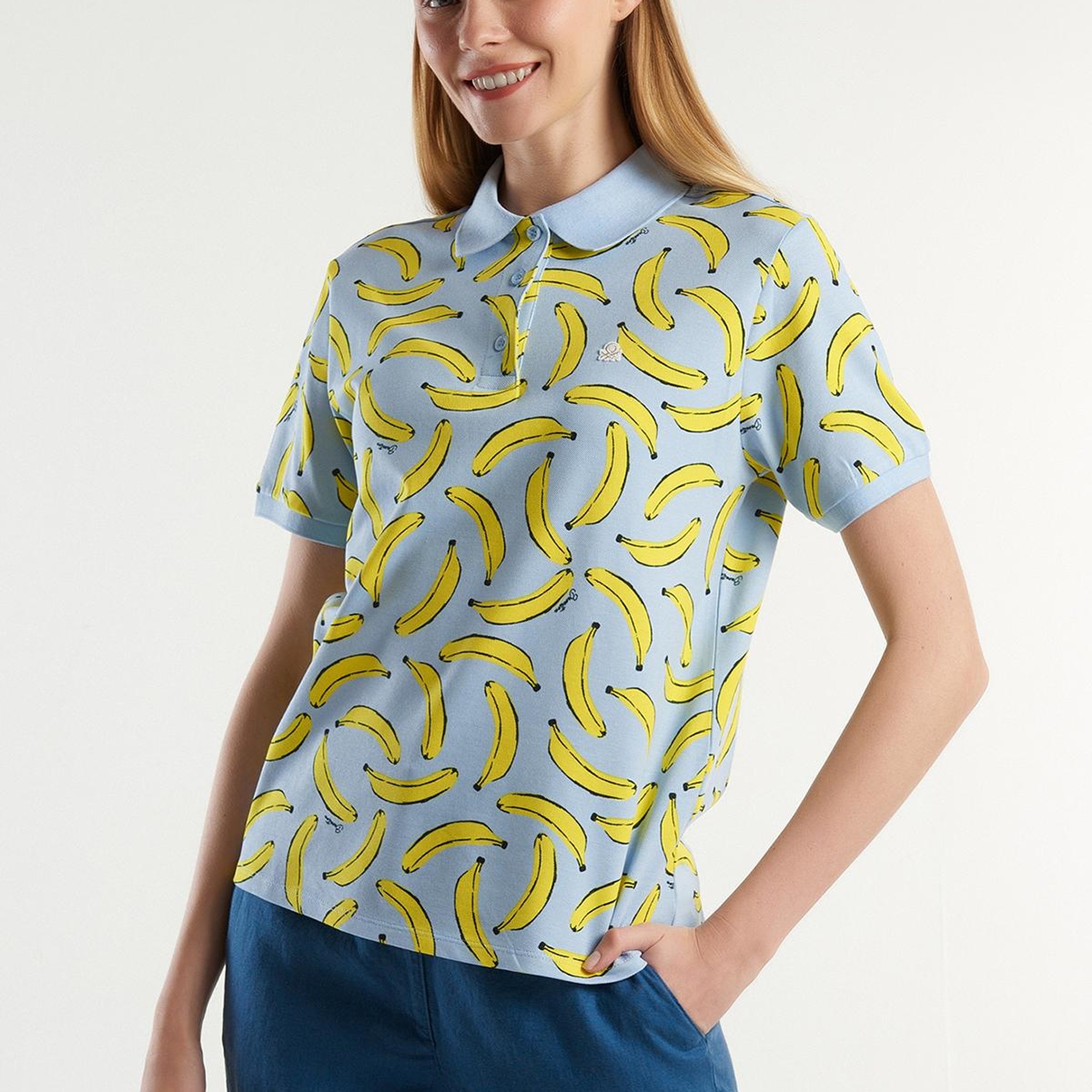 Kadın Mavi Mix Streç Pamuklu Göğsü Logo İşlemeli Tamamı Desenli Polo T-Shirt