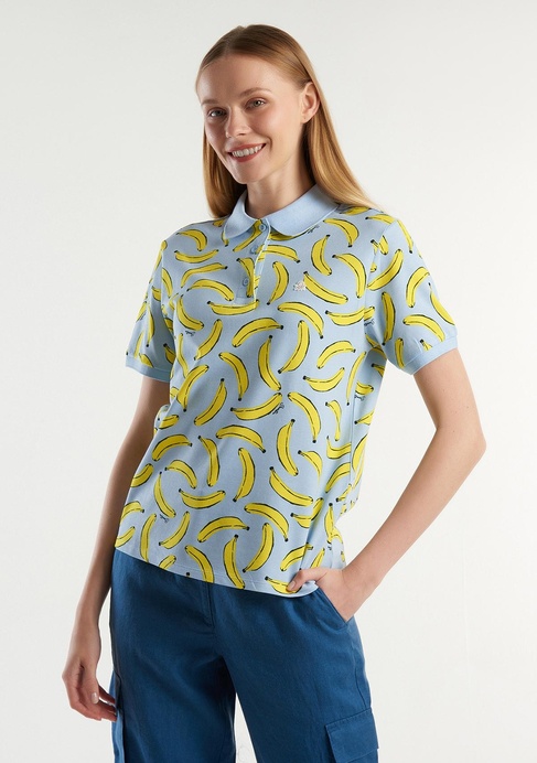  Kadın Mavi Mix Streç Pamuklu Göğsü Logo İşlemeli Tamamı Desenli Polo T-Shirt