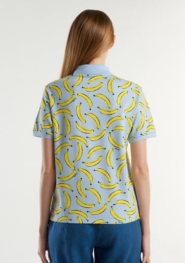  Kadın Mavi Mix Streç Pamuklu Göğsü Logo İşlemeli Tamamı Desenli Polo T-Shirt