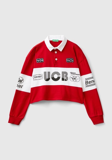  Kadın Kırmızı %100 Pamuk Logo Baskılı Renk Bloklu Polo Yaka Crop Sweatshirt