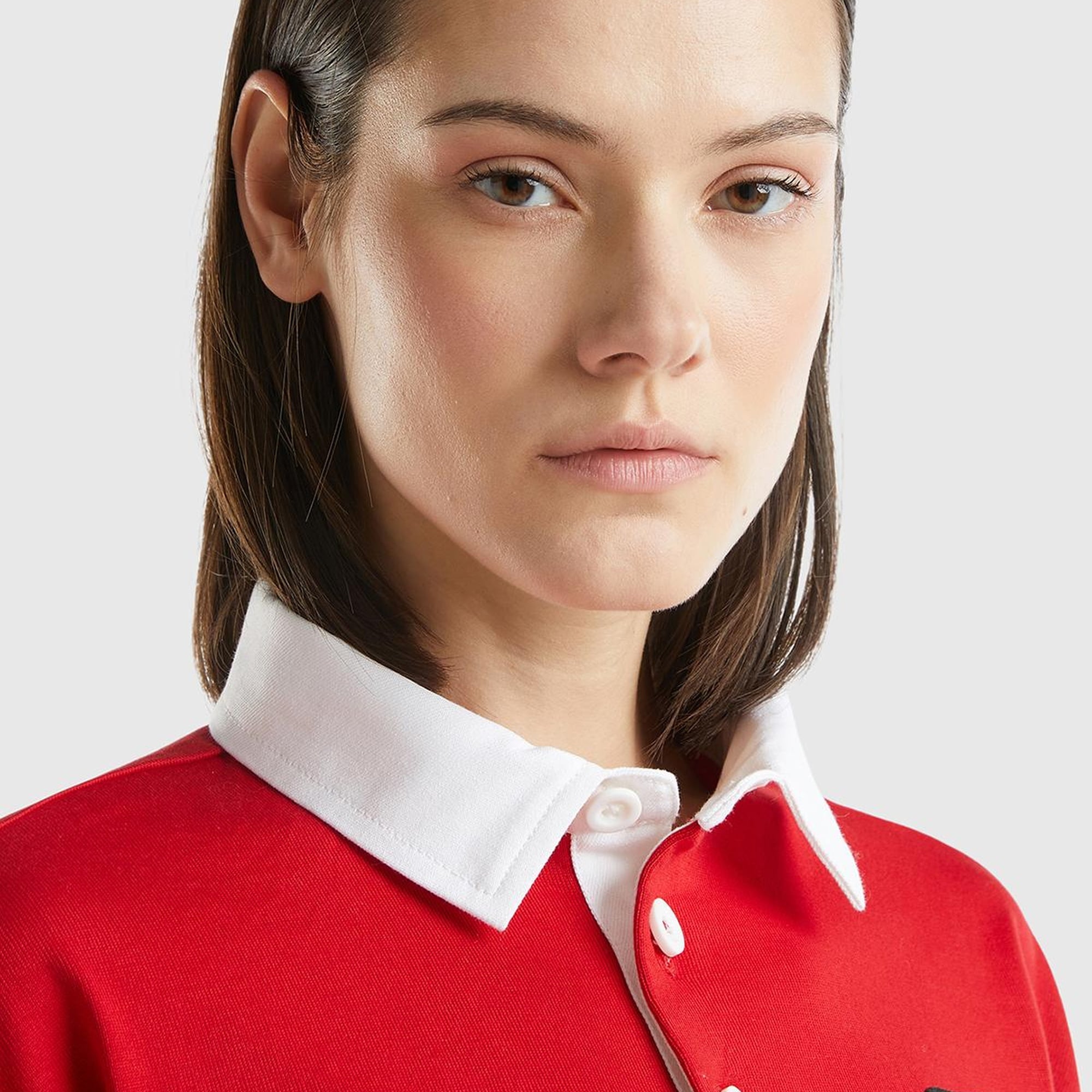 Kadın Kırmızı %100 Pamuk Logo Baskılı Renk Bloklu Polo Yaka Crop Sweatshirt