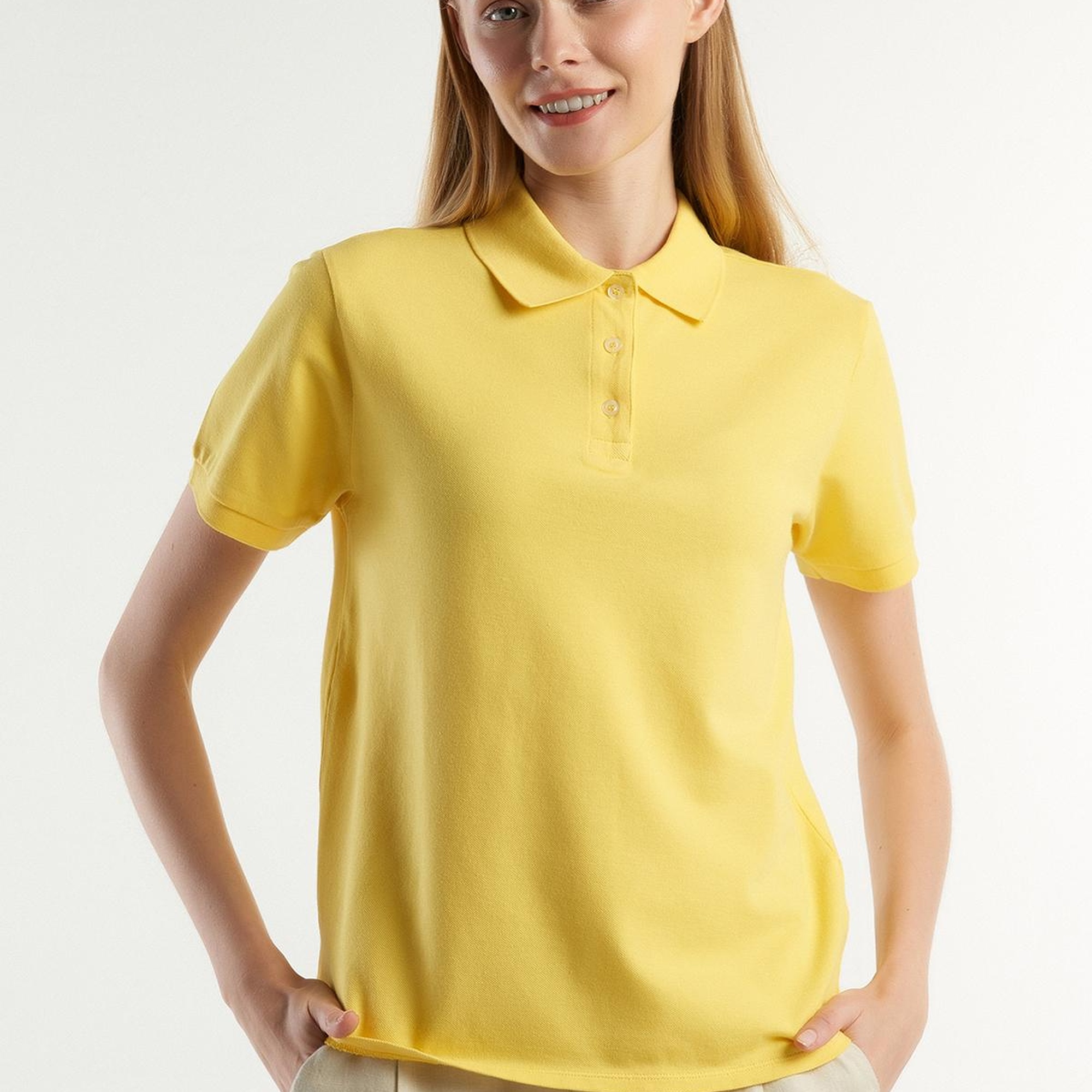 Kadın Sarı Streç Pamuklu Sol Altı Logo Baskılı Polo T-Shirt