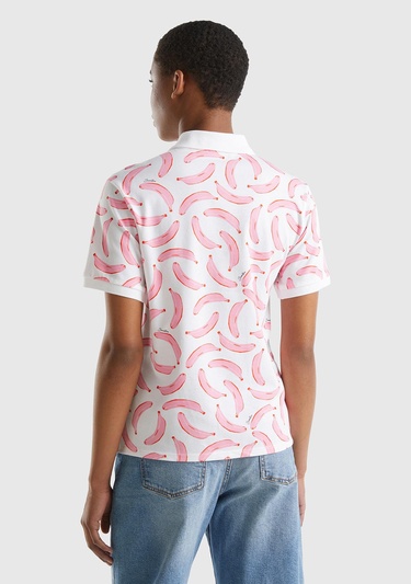  Kadın Beyaz Mix Streç Pamuklu Göğsü Logo İşlemeli Tamamı Desenli Polo T-Shirt