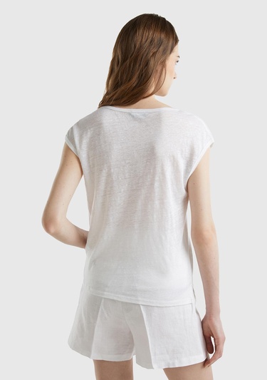  Kadın Beyaz %100 Keten Rahat Kalıp Geniş Bisiklet Yaka Kolsuz T-Shirt