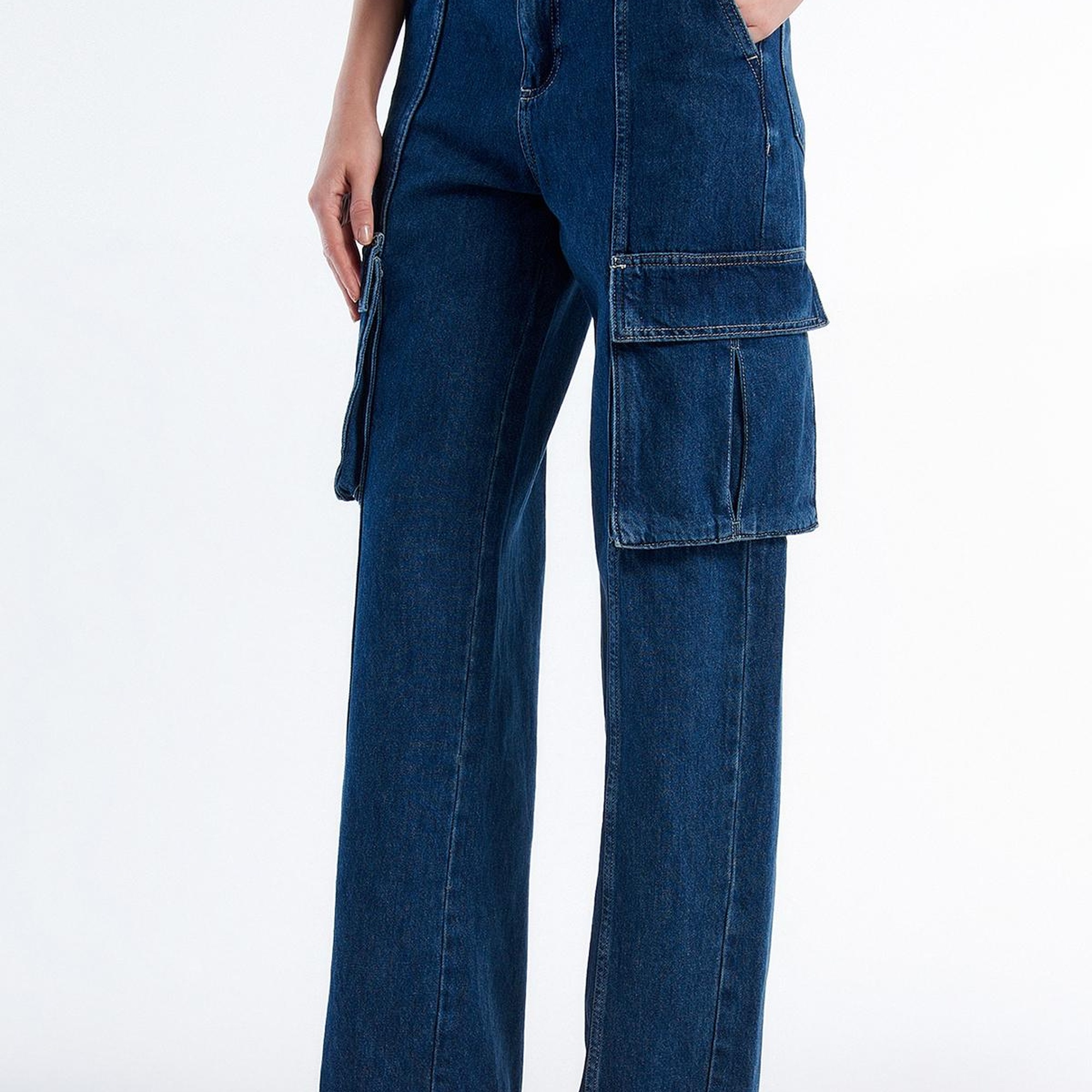 Kadın İndigo %100 Pamuk Arkası Logo Etiketli Yama Cepli Pantolon