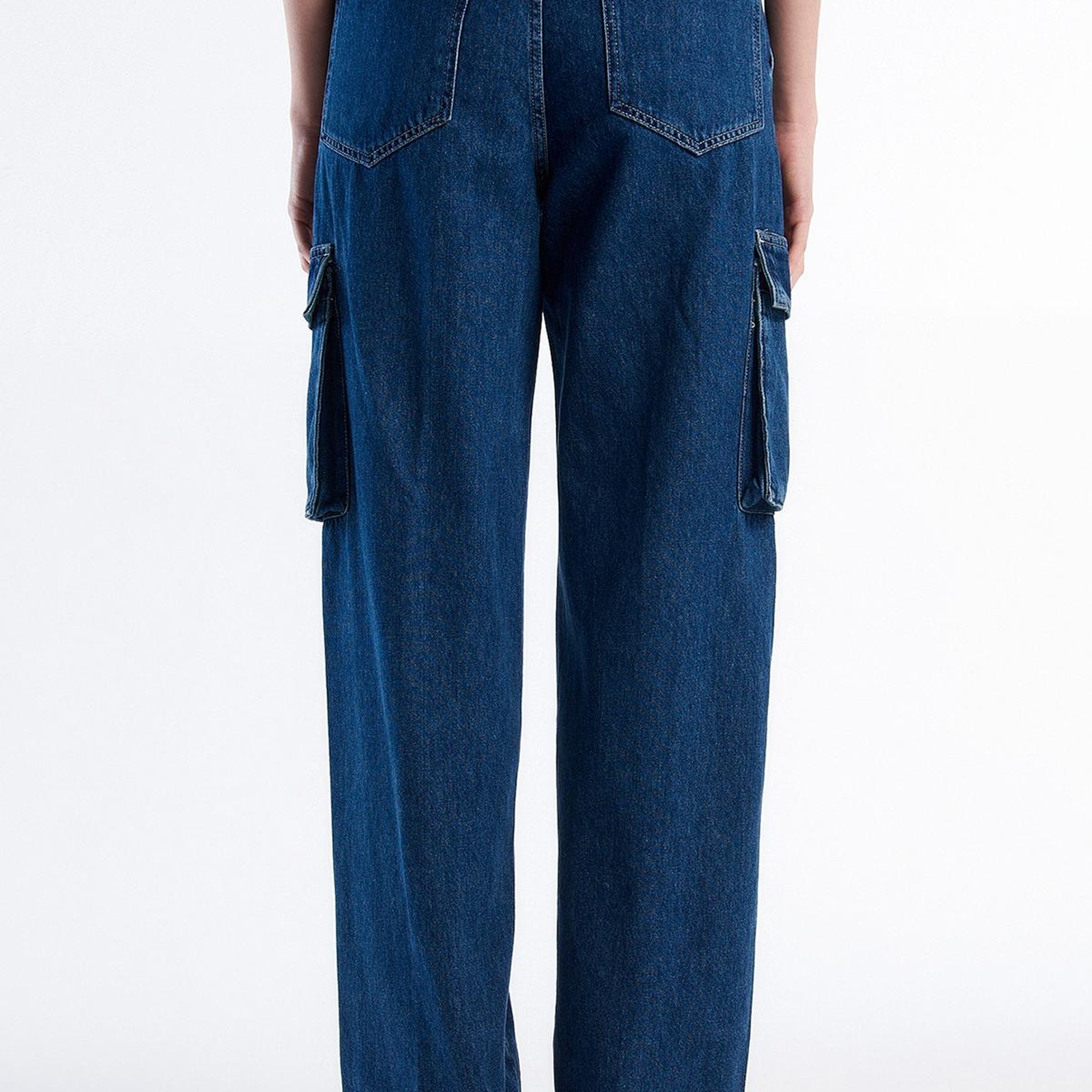 Kadın İndigo %100 Pamuk Arkası Logo Etiketli Yama Cepli Pantolon