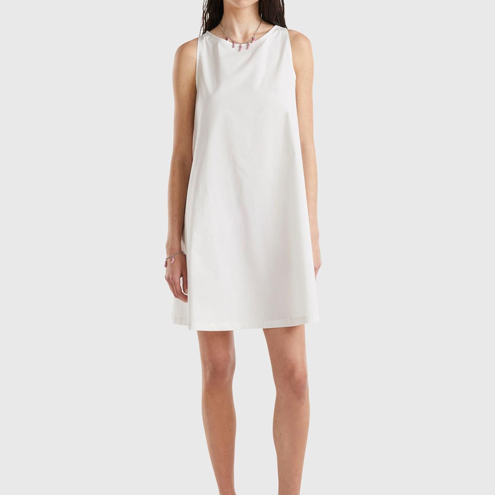 Kadın Krem %100 Koton Kolsuz Midi Boy Elbise