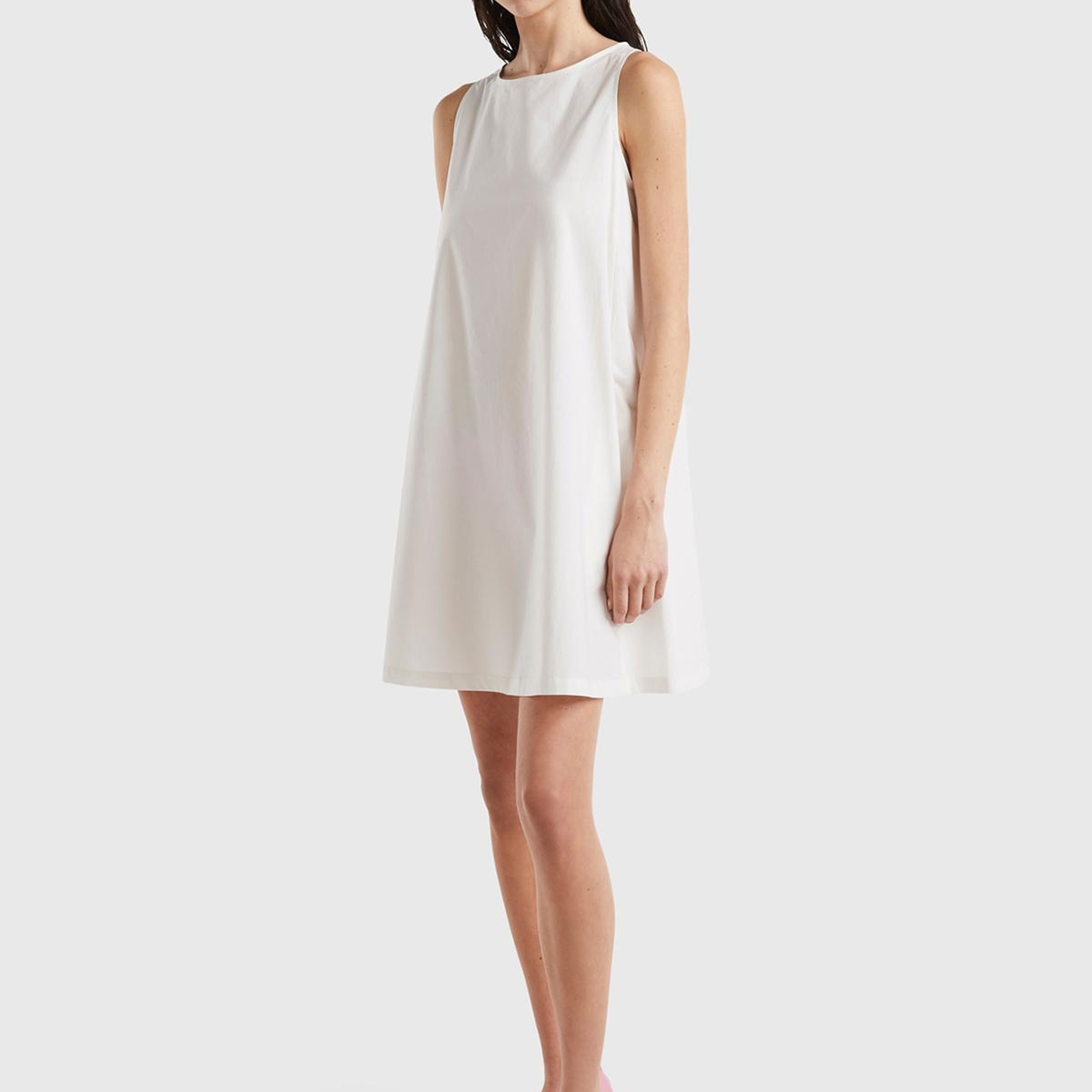 Kadın Krem %100 Koton Kolsuz Midi Boy Elbise