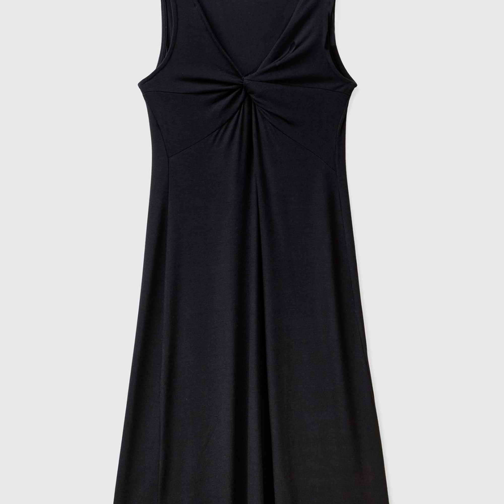 Kadın Siyah Viskoz Karışımlı Arkası Üçgen ve Düğüm Detaylı Kolsuz Elbise