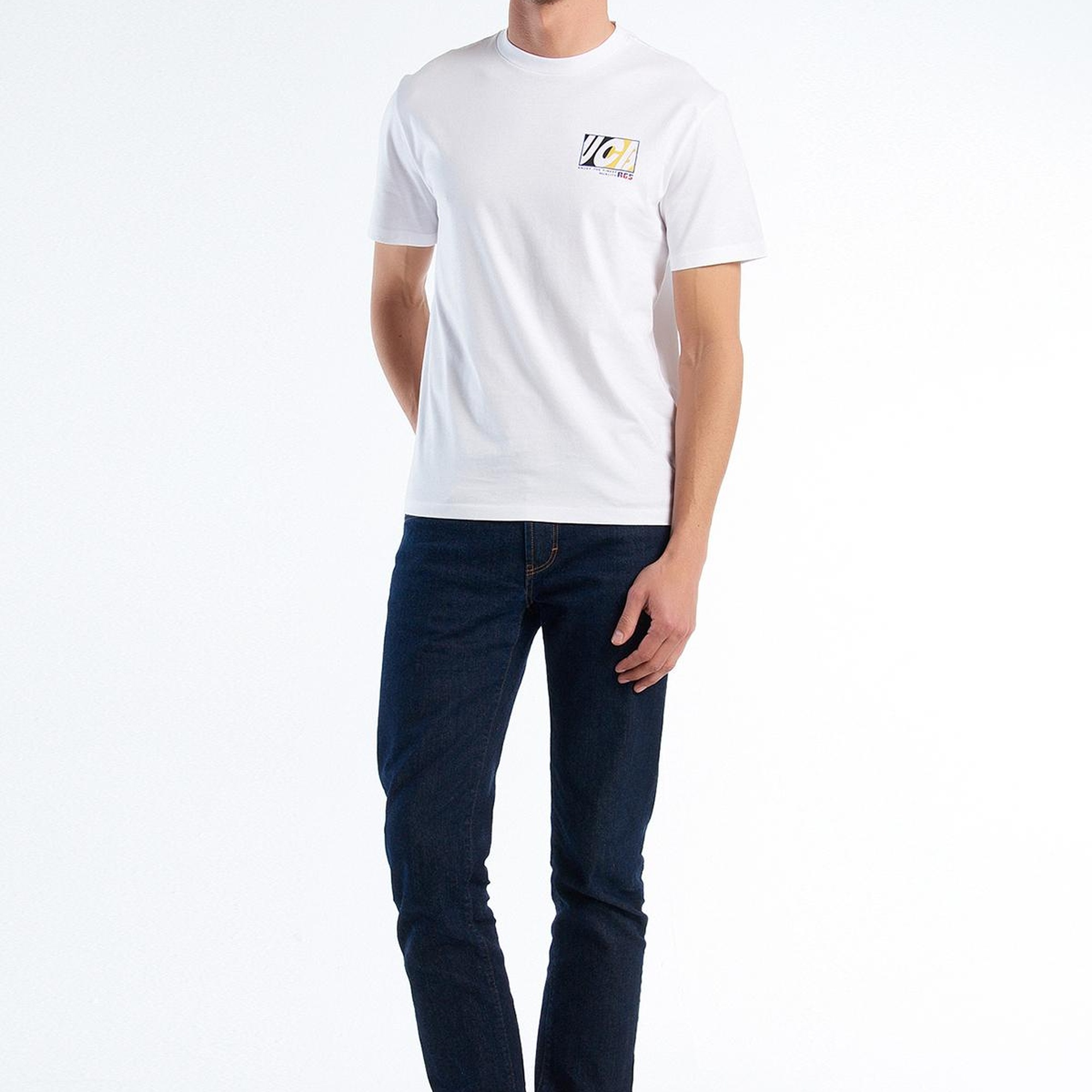 Erkek Beyaz Mıx %100 Pamuk Önü ve Arkası Logo Baskılı Bisiklet Yaka T-Shirt