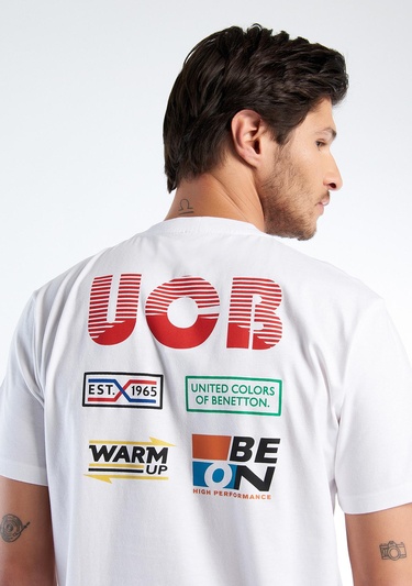  Erkek Beyaz Mıx %100 Pamuk Önü ve Arkası Logo Baskılı Bisiklet Yaka T-Shirt