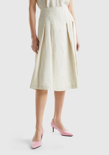  Kadın Bej %100 Keten Geniş Uzun Etek