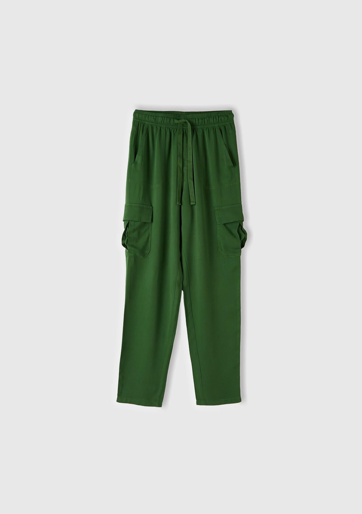  Kadın Soluk Yeşil %100 Viskoz Beli Büzgülü 4 Cepli Dar Paça Pantolon