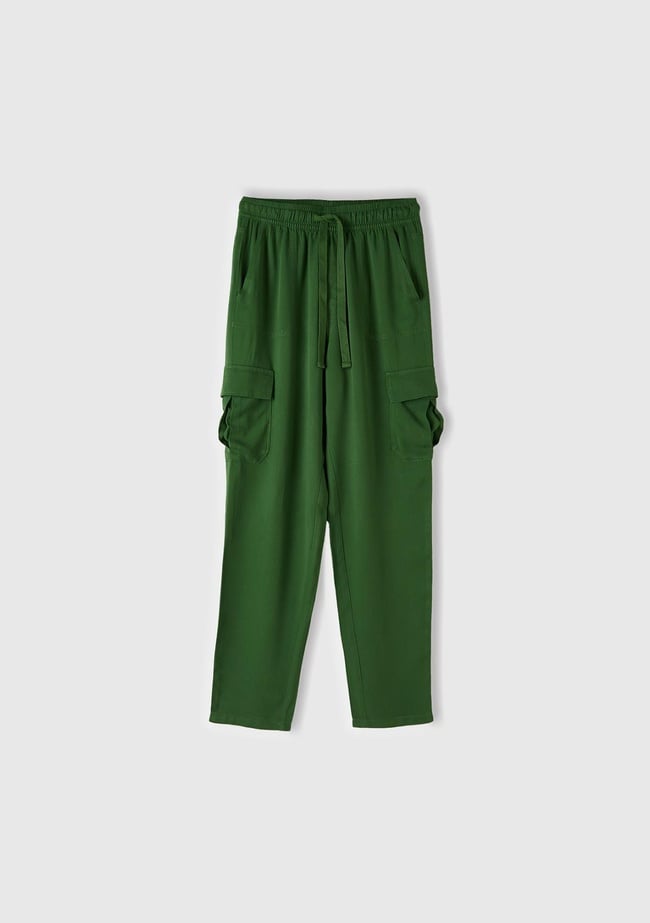  Kadın Soluk Yeşil %100 Viskoz Beli Büzgülü 4 Cepli Dar Paça Pantolon