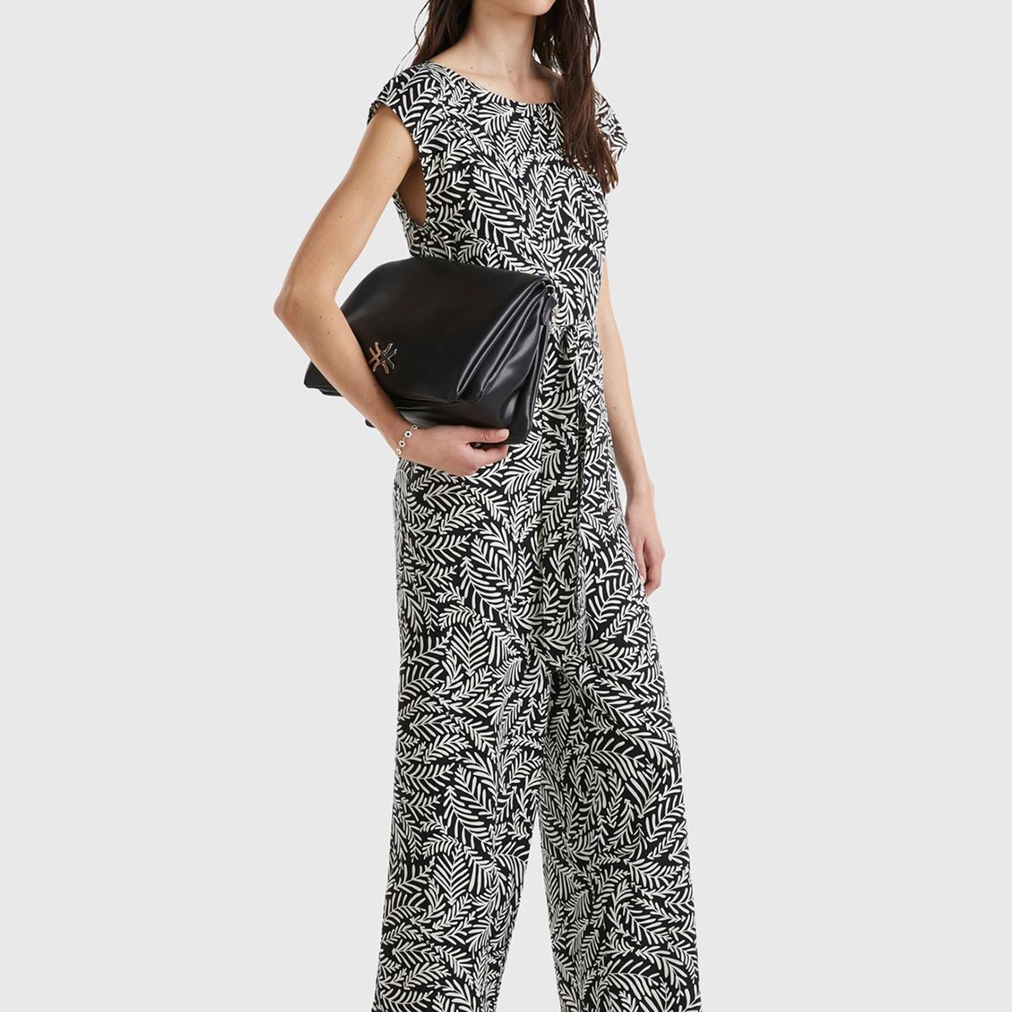 Kadın Siyah-Beyaz %100 Liyosel Tamamı Desenli Belden Bağlamalı Tulum