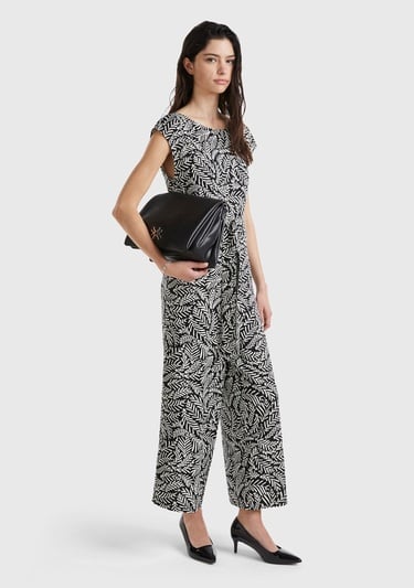  Kadın Siyah-Beyaz %100 Liyosel Tamamı Desenli Belden Bağlamalı Tulum
