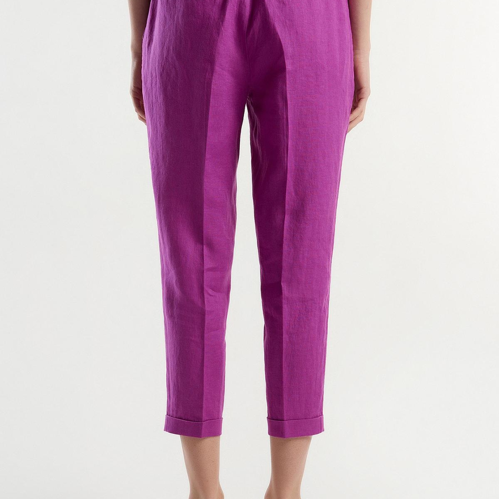 Kadın Mor %100 Keten Beli Lastikli Pantolon