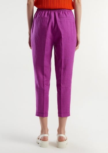  Kadın Mor %100 Keten Beli Lastikli Pantolon