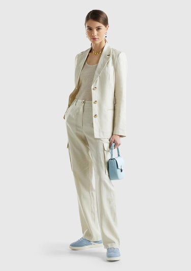  Kadın Bej %100 Keten Kargo Pantolon