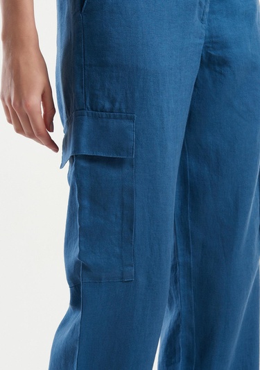  Kadın Gece Mavisi %100 Keten Kargo Pantolon