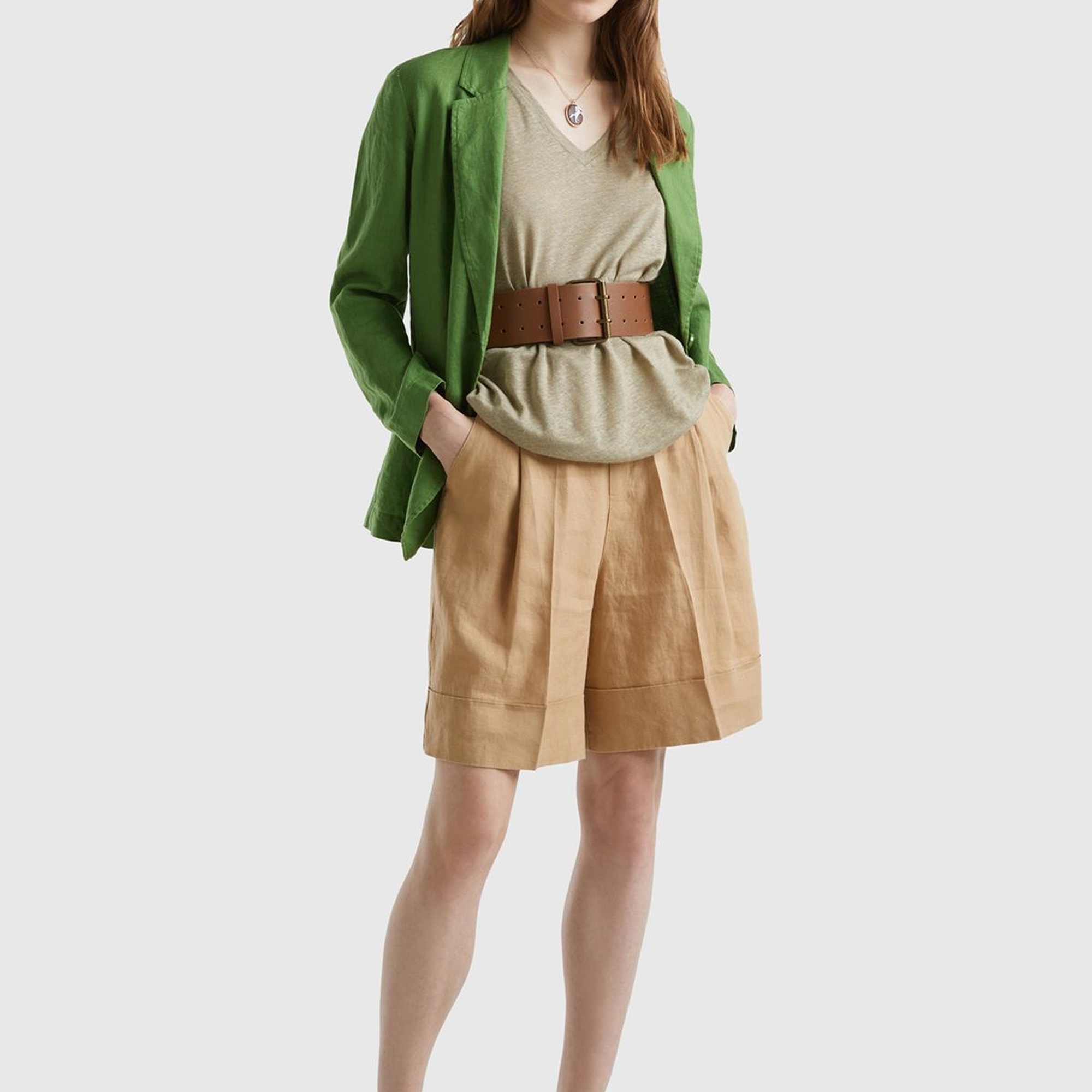 Kadın Taba %100 Keten Beli Lastikli  Bermuda Şort