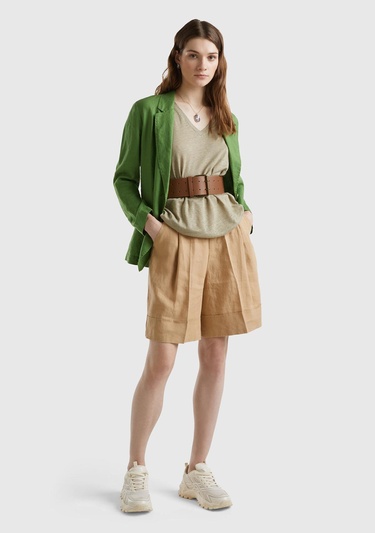  Kadın Taba %100 Keten Beli Lastikli  Bermuda Şort