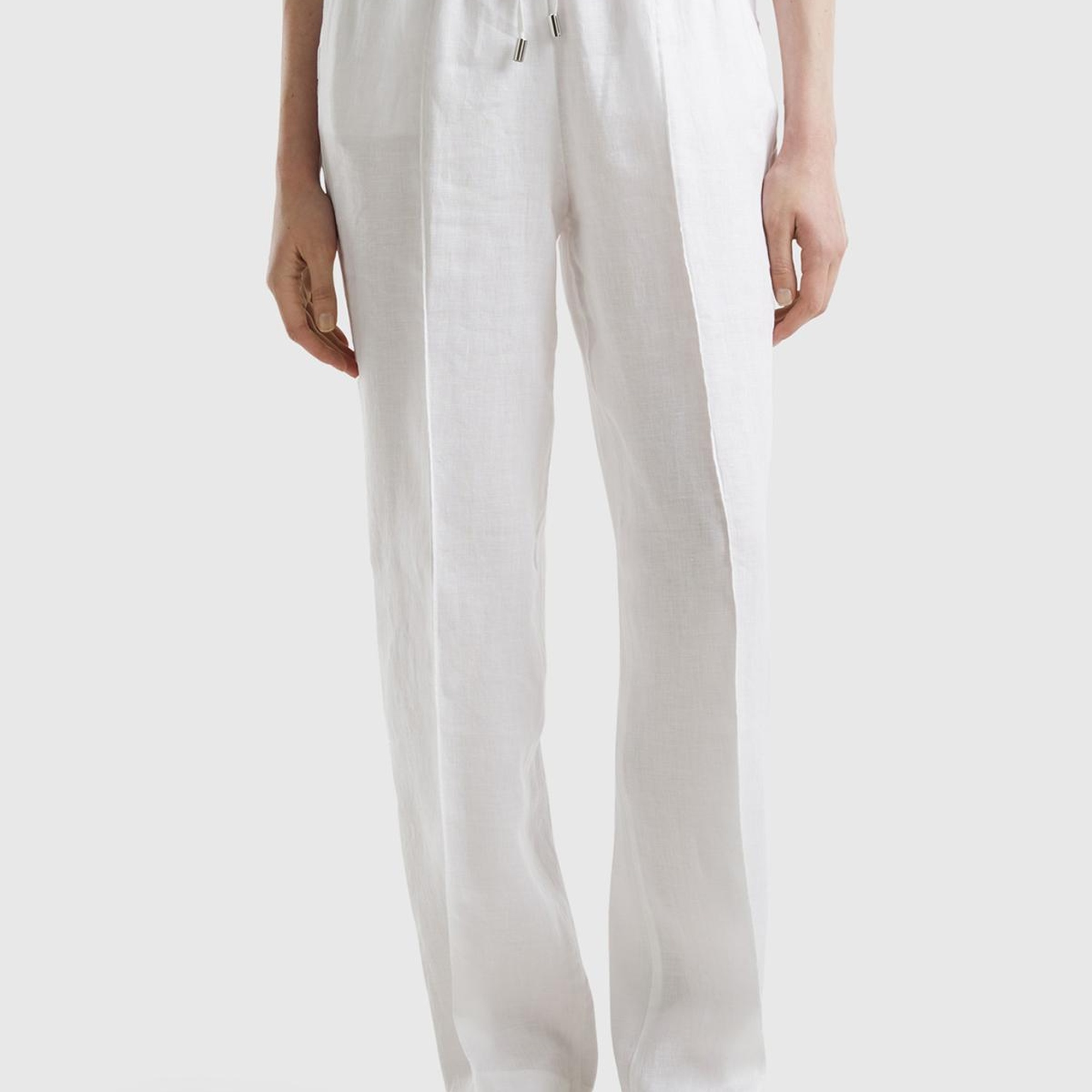 Kadın Beyaz %100 Keten Beli İpli Rahat Kalıp Pantolon