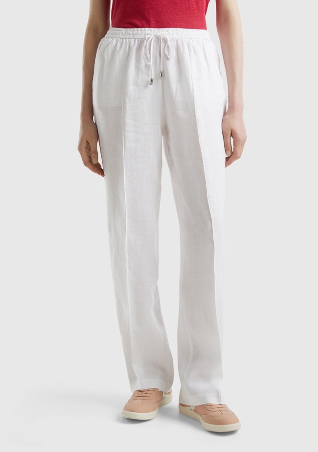  Kadın Beyaz %100 Keten Beli İpli Rahat Kalıp Pantolon