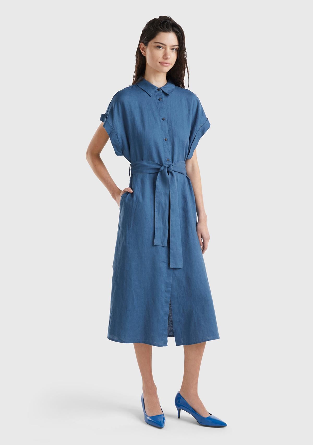  Kadın Gece Mavisi %100 Keten Önü Düğme Kapamalı Beli Kuşaklı Midi Elbise
